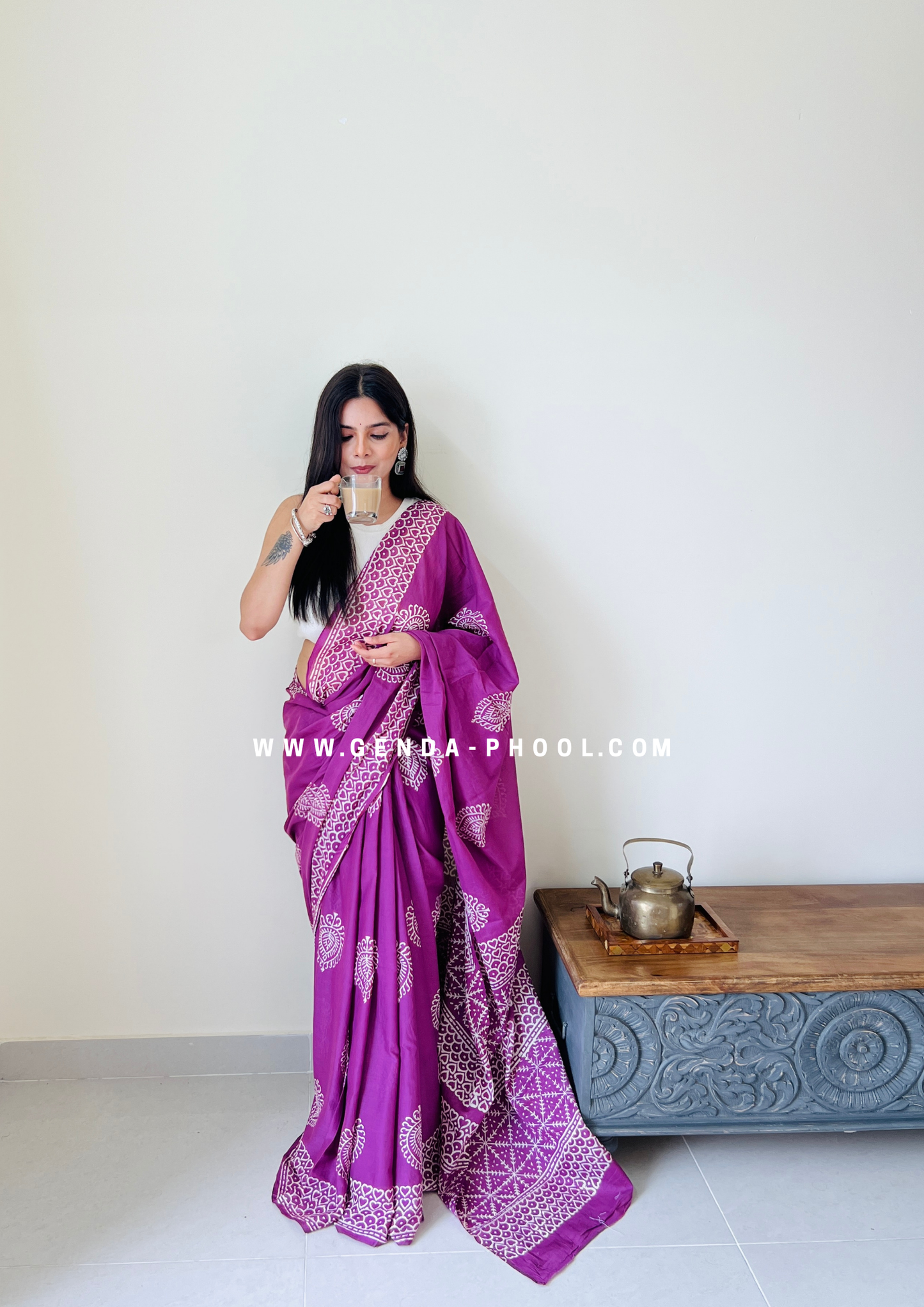 Purple Betel Leaf Print Handblock Mulmul Saree