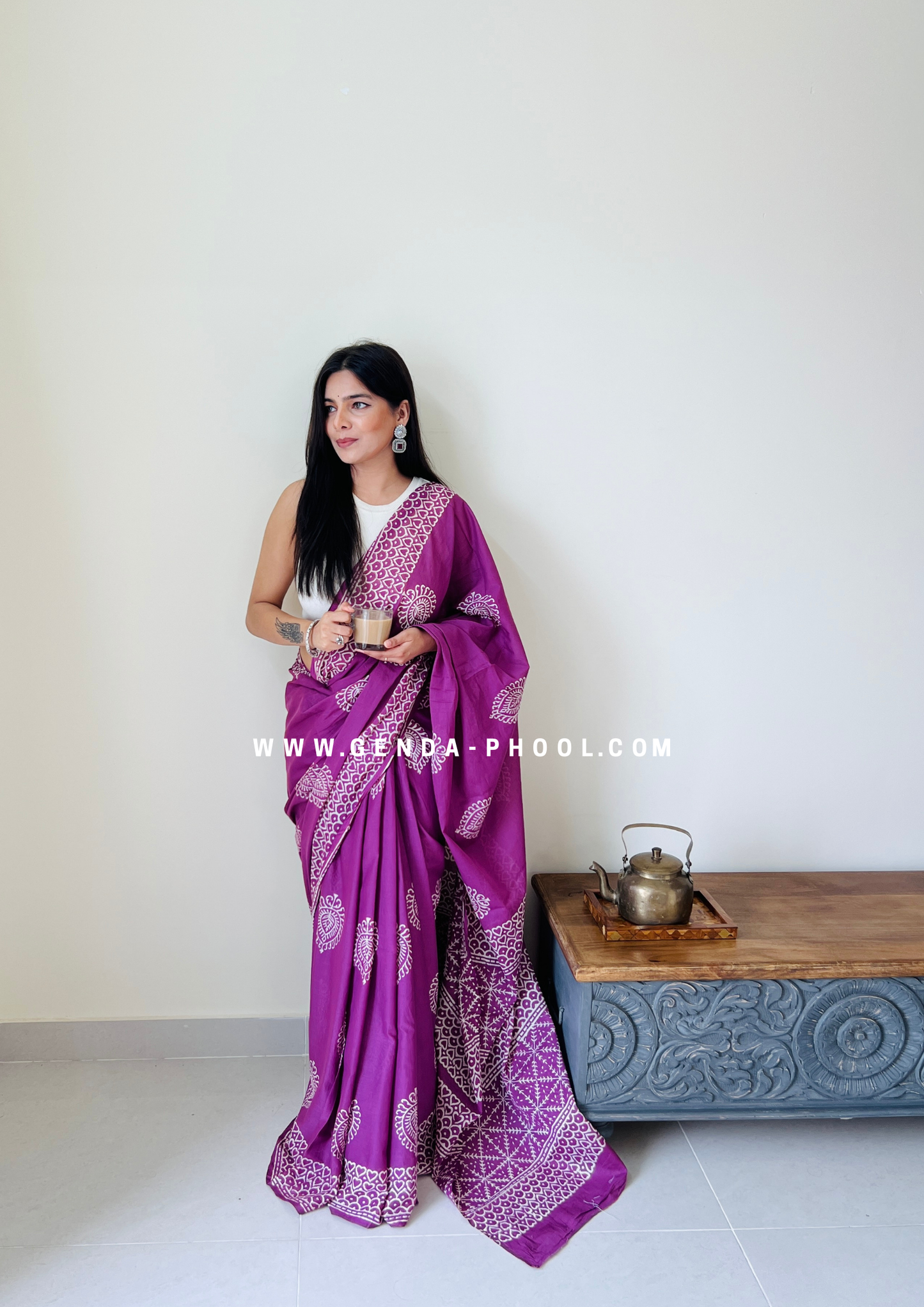 Purple Betel Leaf Print Handblock Mulmul Saree