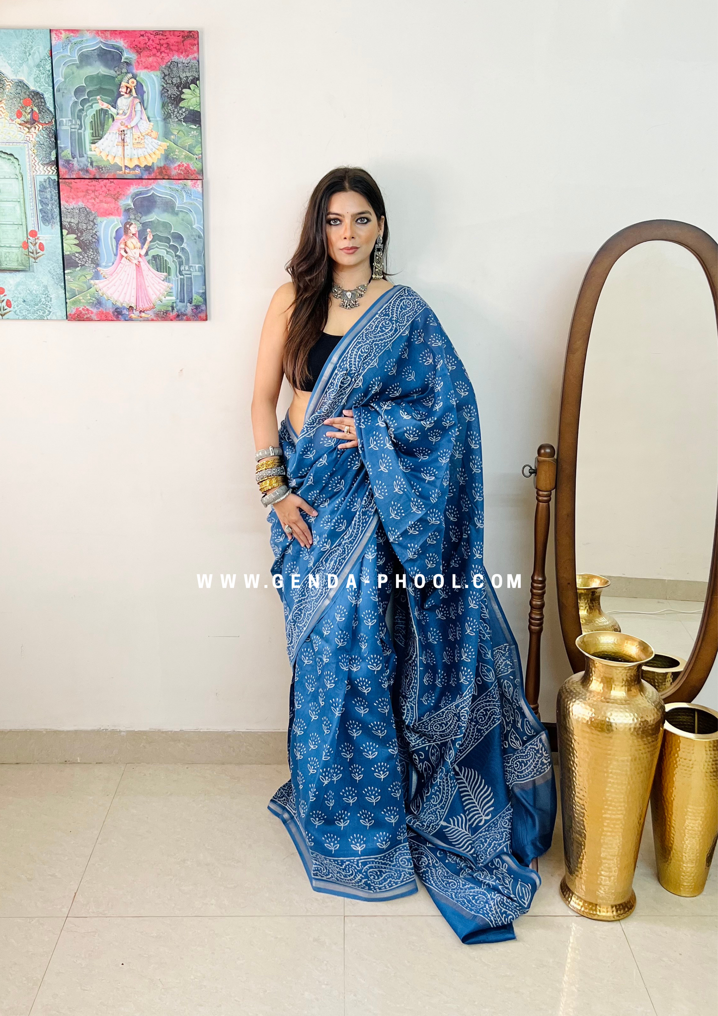 Handloom Dabu Handblock Printed Chanderi Silk Cotton Saree with Zari Border