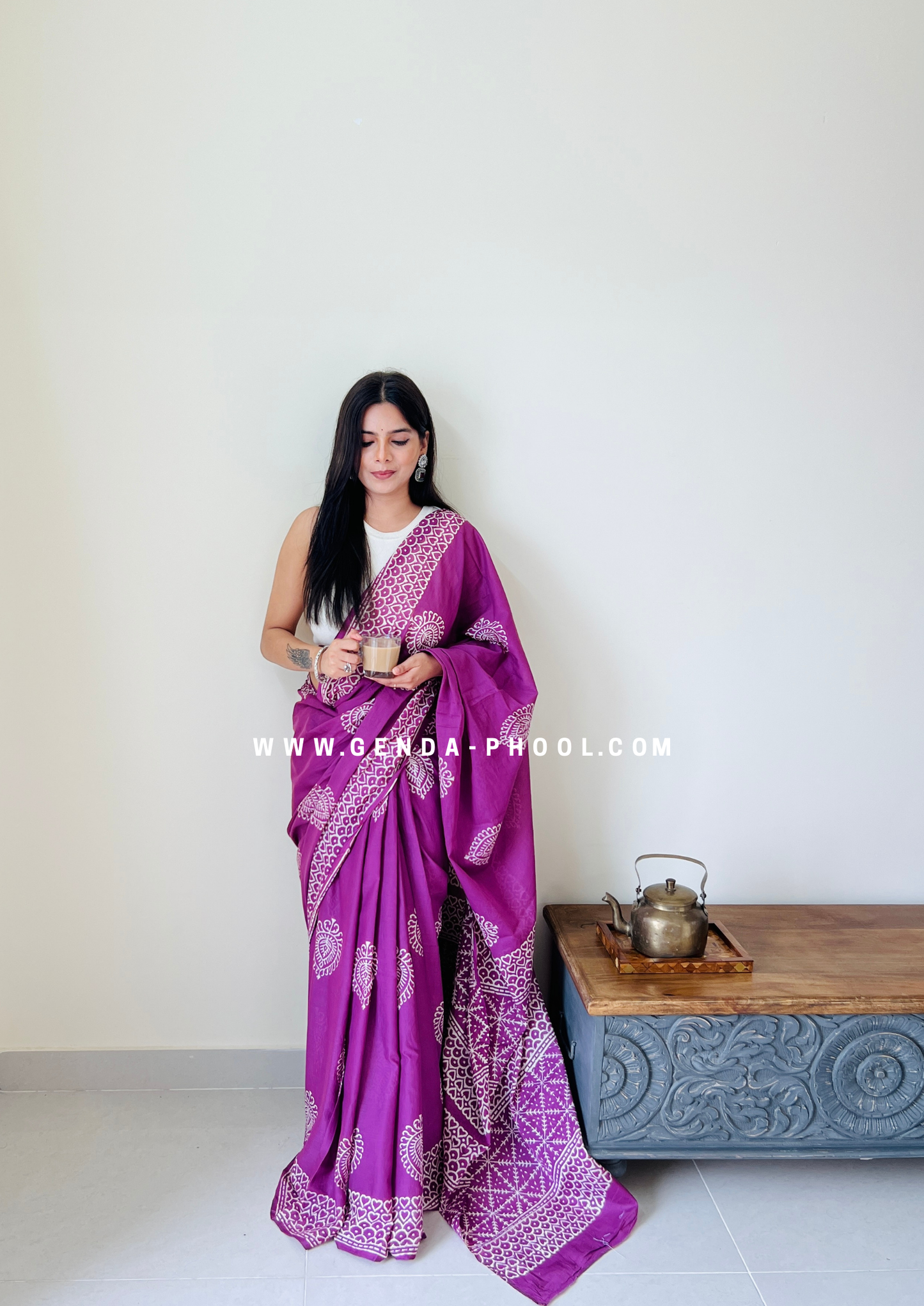 Purple Betel Leaf Print Handblock Mulmul Saree