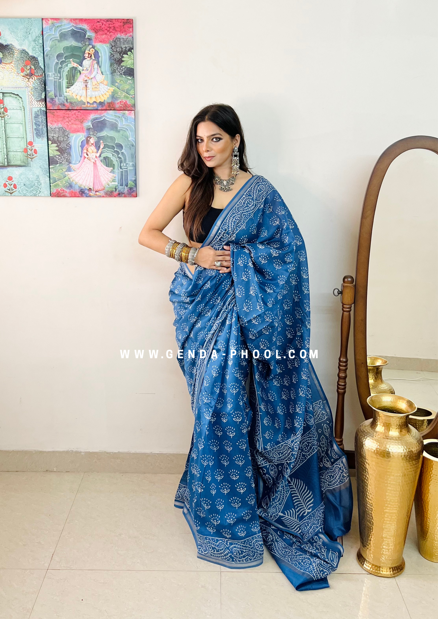 Handloom Dabu Handblock Printed Chanderi Silk Cotton Saree with Zari Border