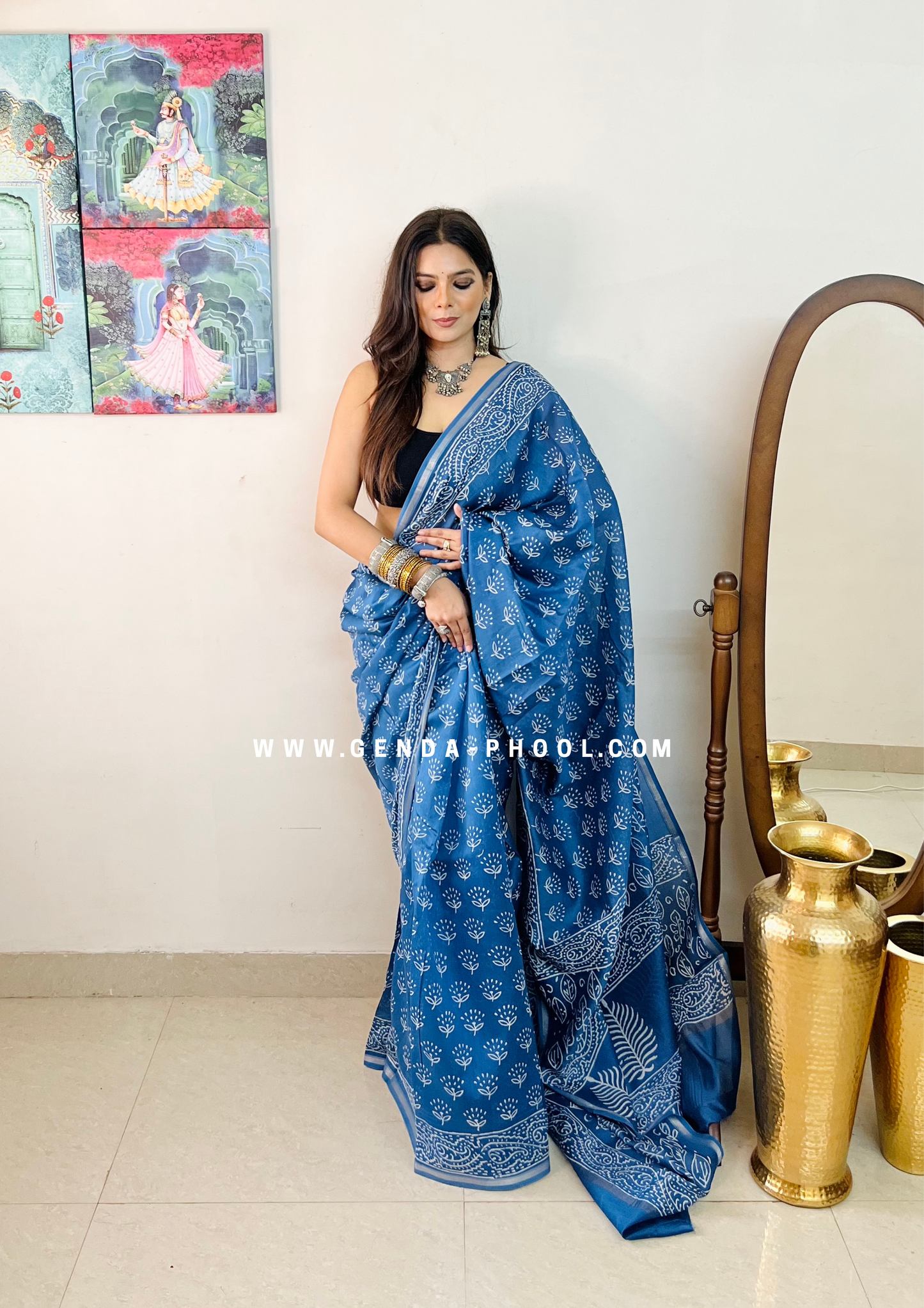 Handloom Dabu Handblock Printed Chanderi Silk Cotton Saree with Zari Border