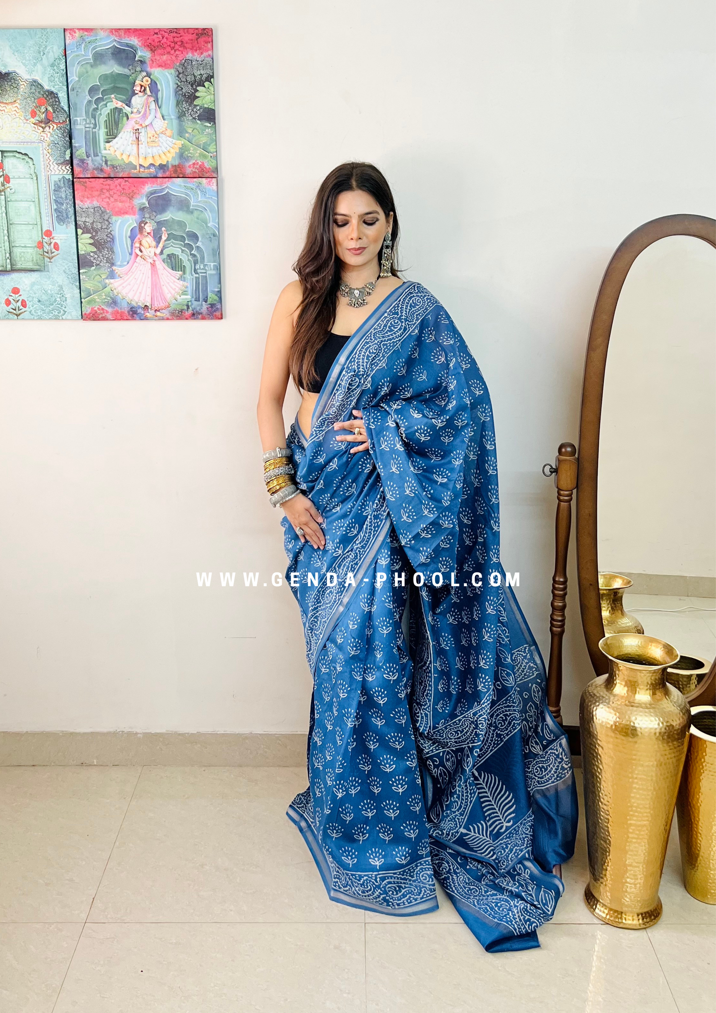 Handloom Dabu Handblock Printed Chanderi Silk Cotton Saree with Zari Border