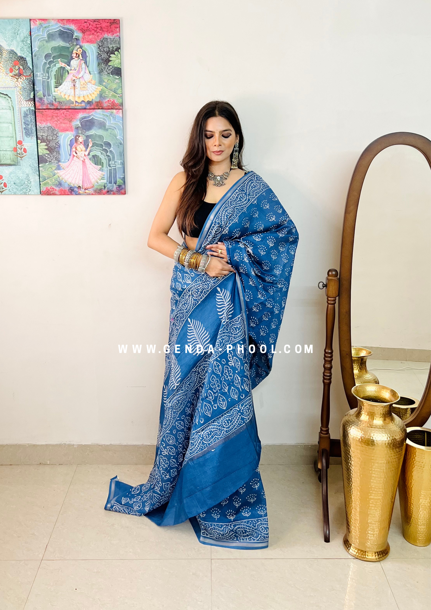 Handloom Dabu Handblock Printed Chanderi Silk Cotton Saree with Zari Border