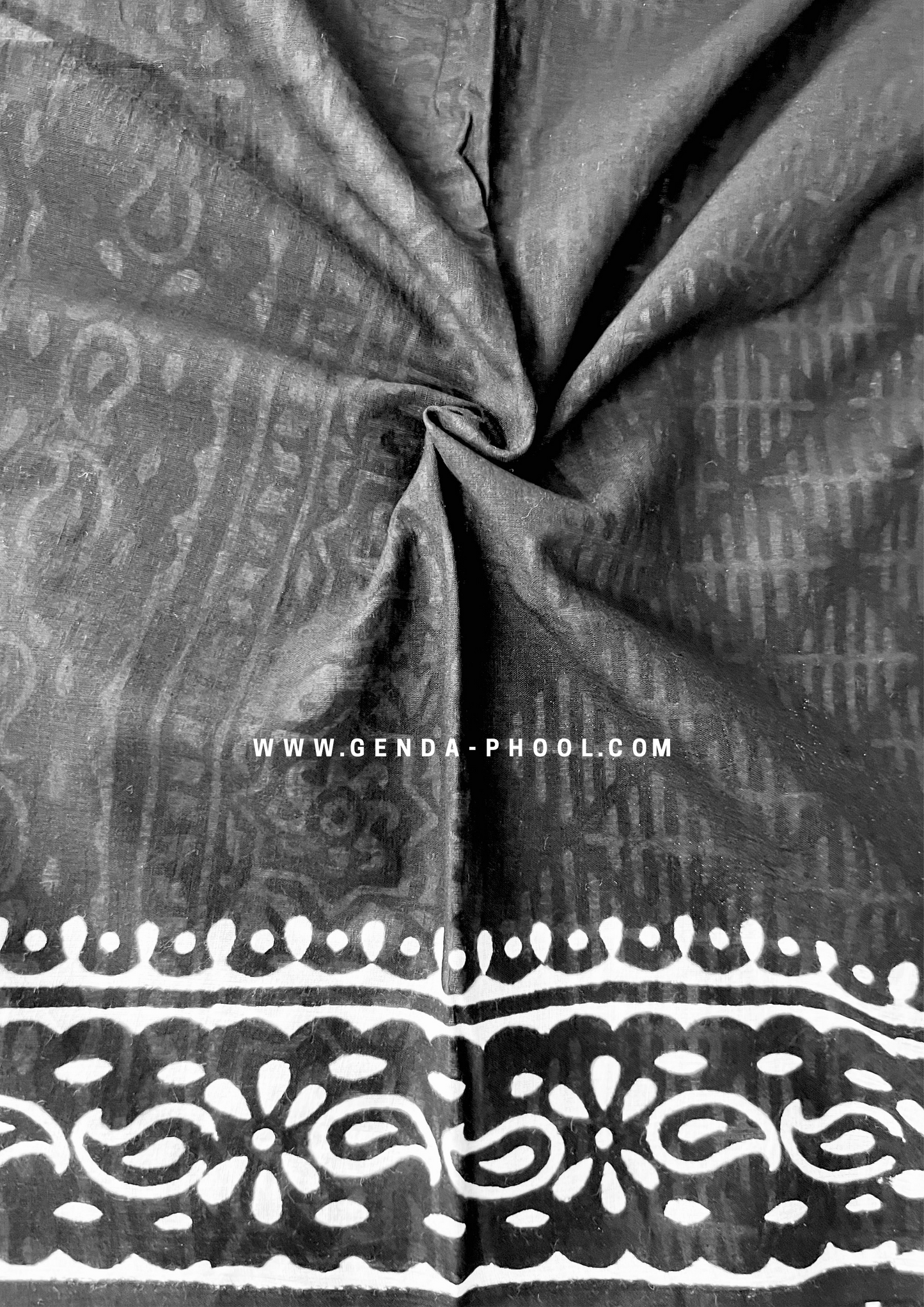 Black Betel Print Handblock Mulmul Saree