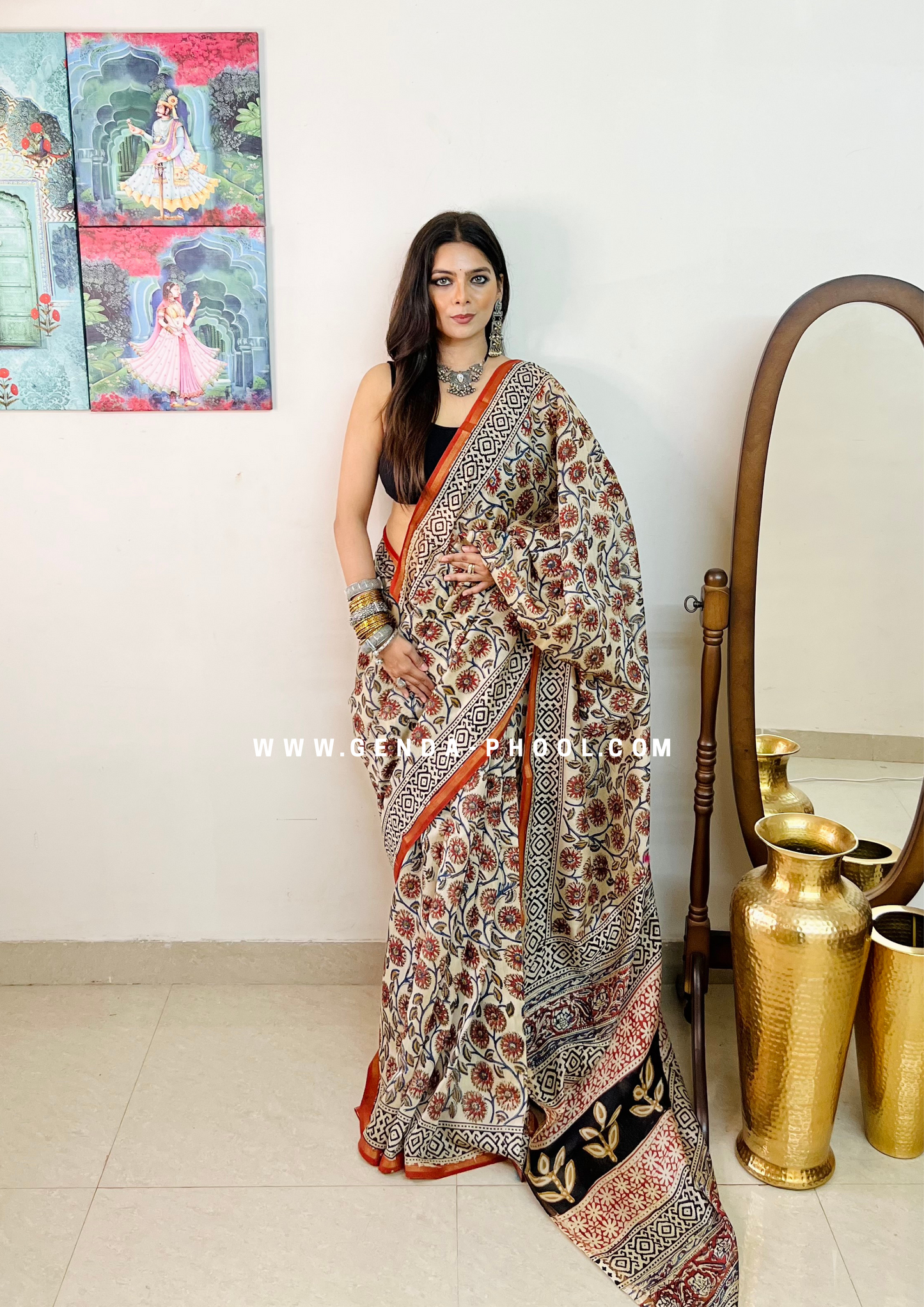 Handloom Kalamkari Handblock Printed Chanderi Silk Cotton Saree with Zari Border