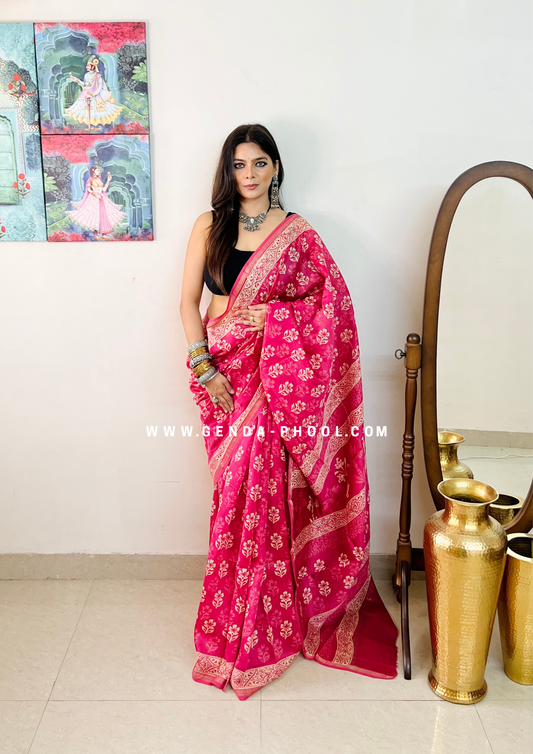 Handloom Dabu Handblock Printed Chanderi Silk Cotton Saree with Zari Border