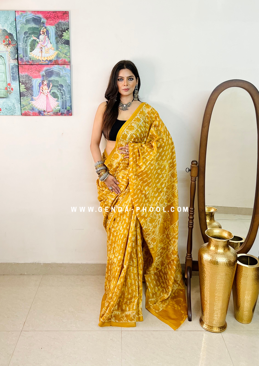 Handloom Dabu Handblock Printed Chanderi Silk Cotton Saree with Zari Border