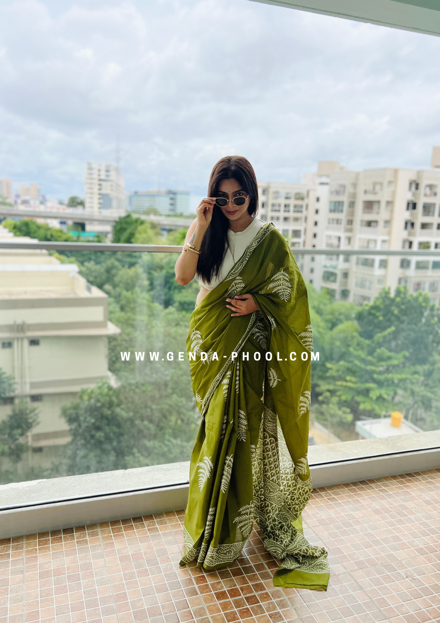 Green Leaf Print Handblock Mulmul Saree