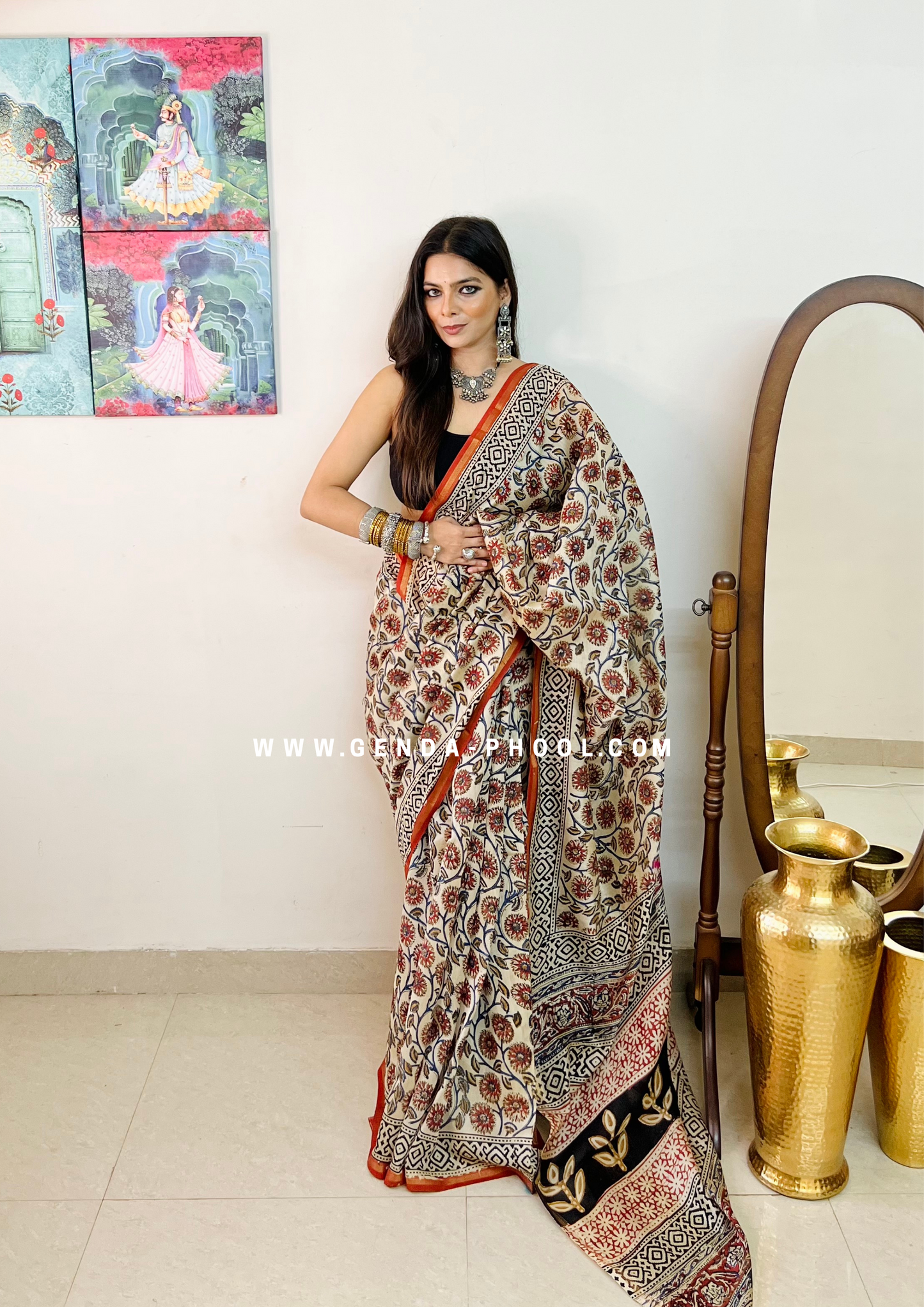 Handloom Kalamkari Handblock Printed Chanderi Silk Cotton Saree with Zari Border