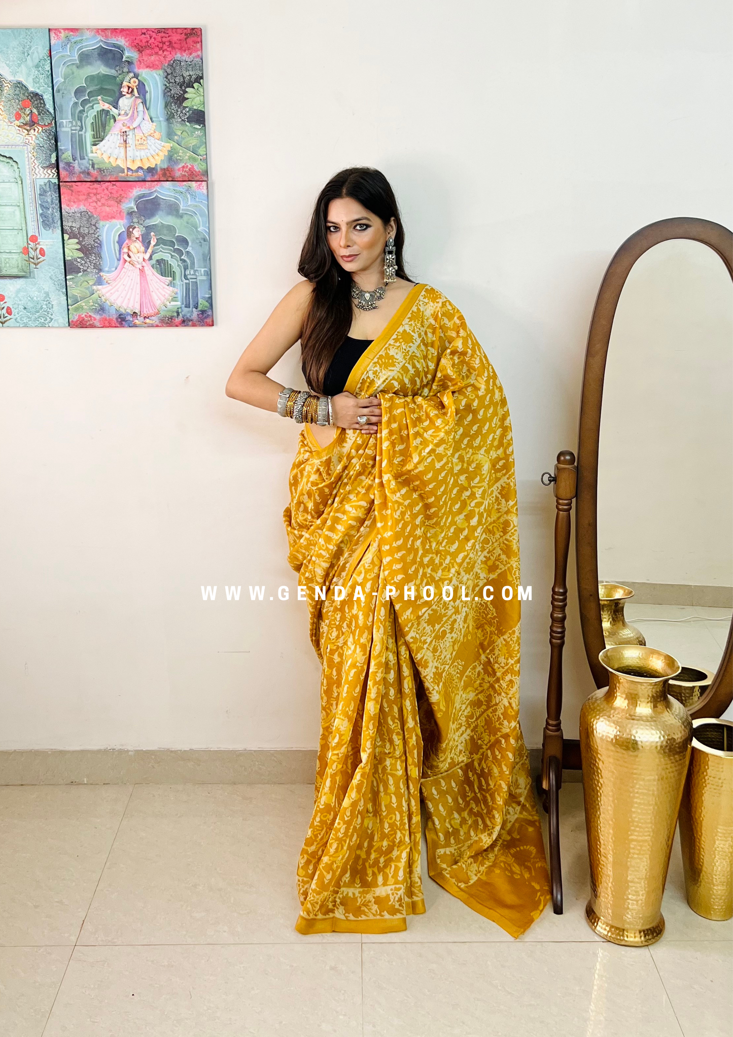 Handloom Dabu Handblock Printed Chanderi Silk Cotton Saree with Zari Border