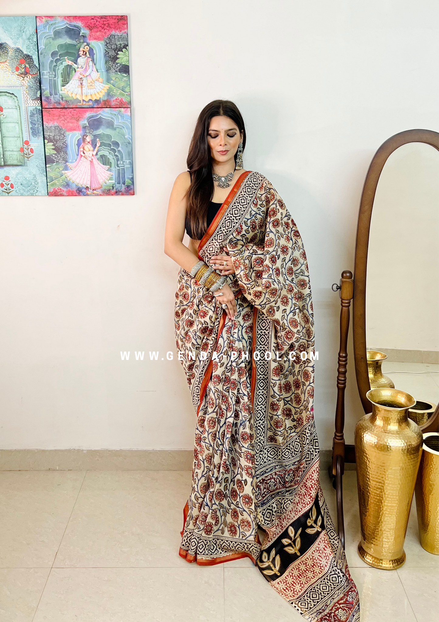 Handloom Kalamkari Handblock Printed Chanderi Silk Cotton Saree with Zari Border