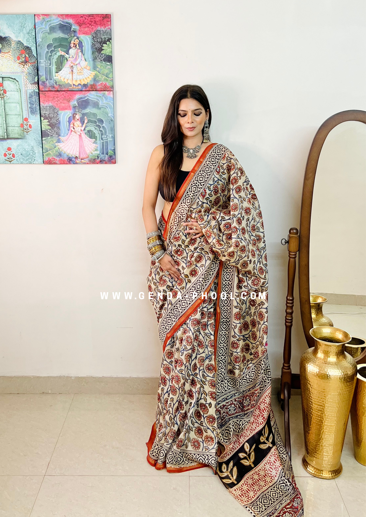 Handloom Kalamkari Handblock Printed Chanderi Silk Cotton Saree with Zari Border