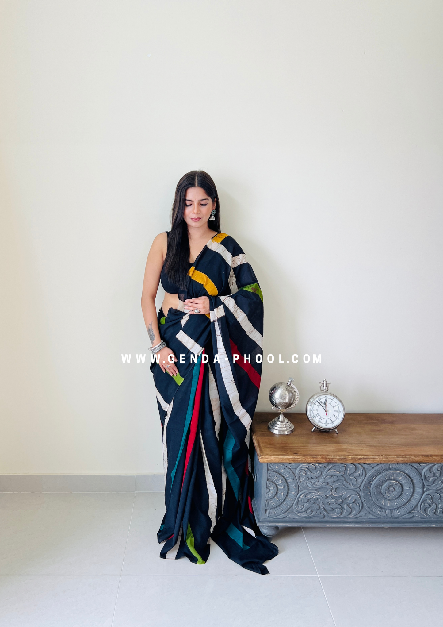 Black Vertical Stripes Print Handblock Mulmul Saree