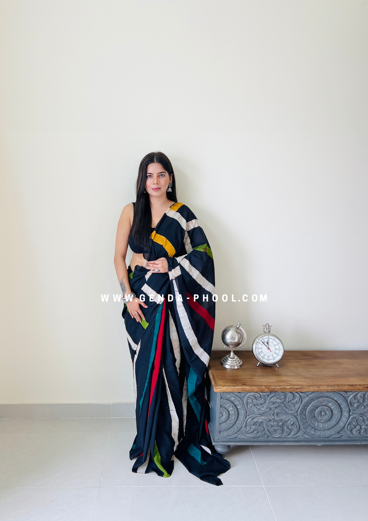 Black Vertical Stripes Print Handblock Mulmul Saree