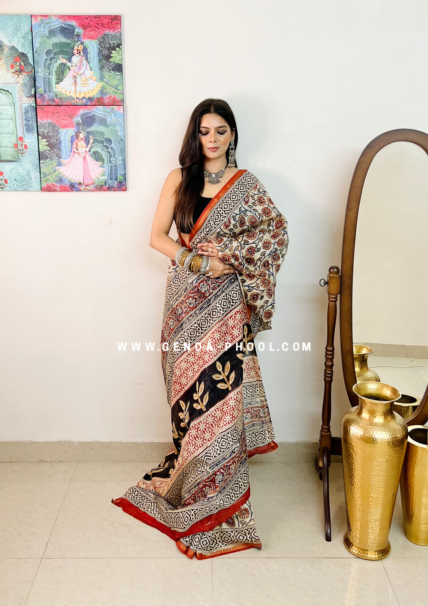 Handloom Kalamkari Handblock Printed Chanderi Silk Cotton Saree with Zari Border