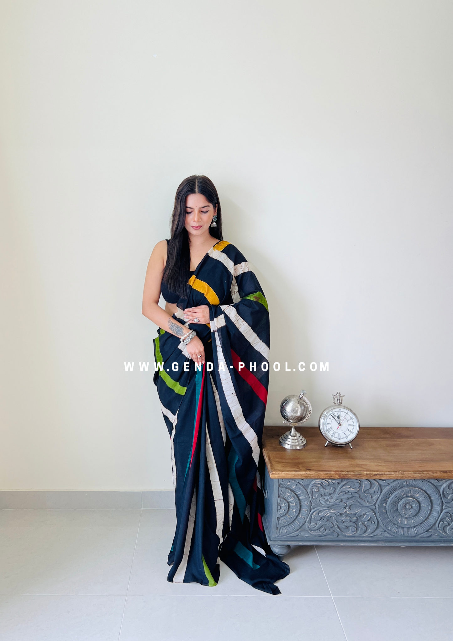 Black Vertical Stripes Print Handblock Mulmul Saree