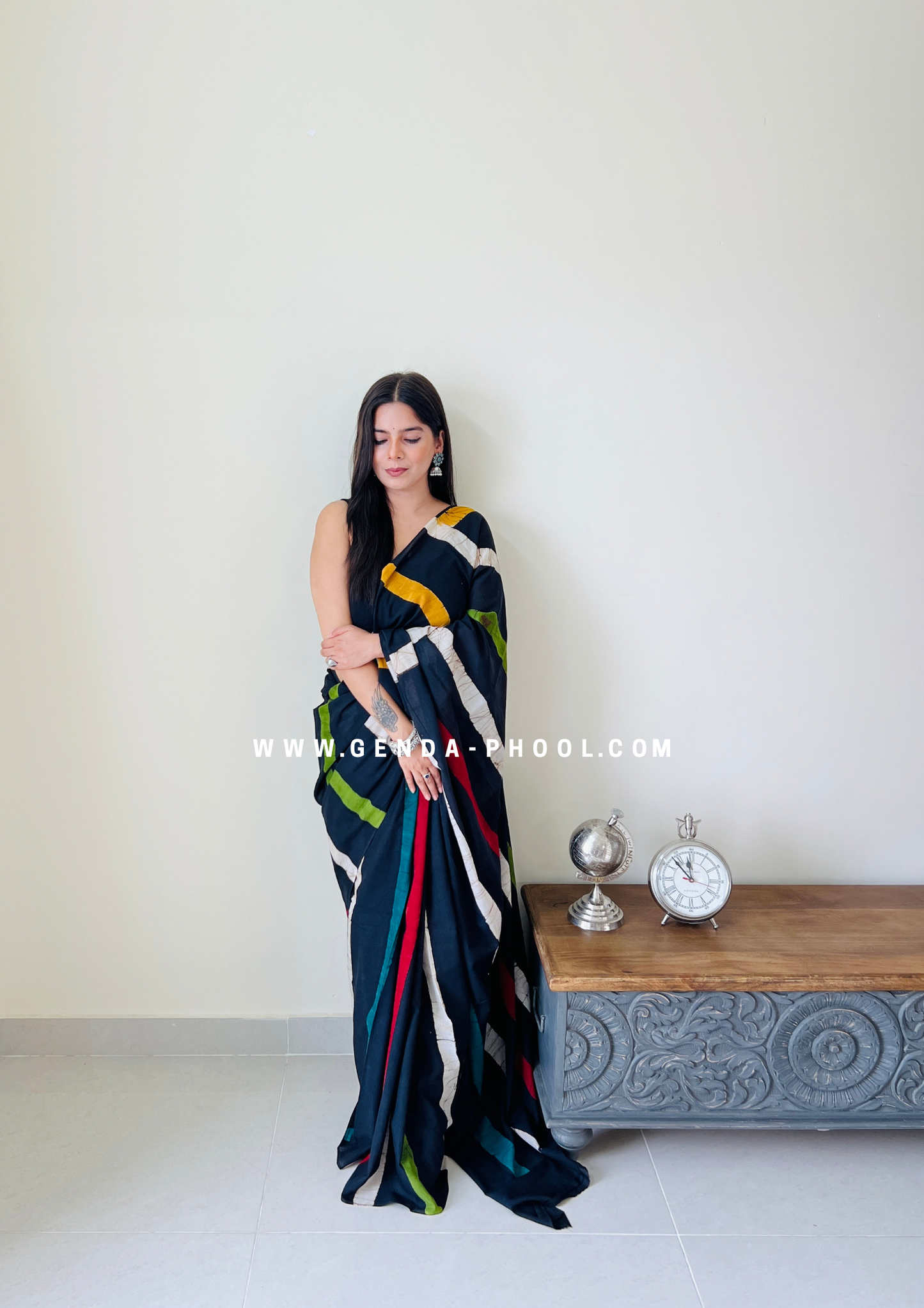 Black Vertical Stripes Print Handblock Mulmul Saree