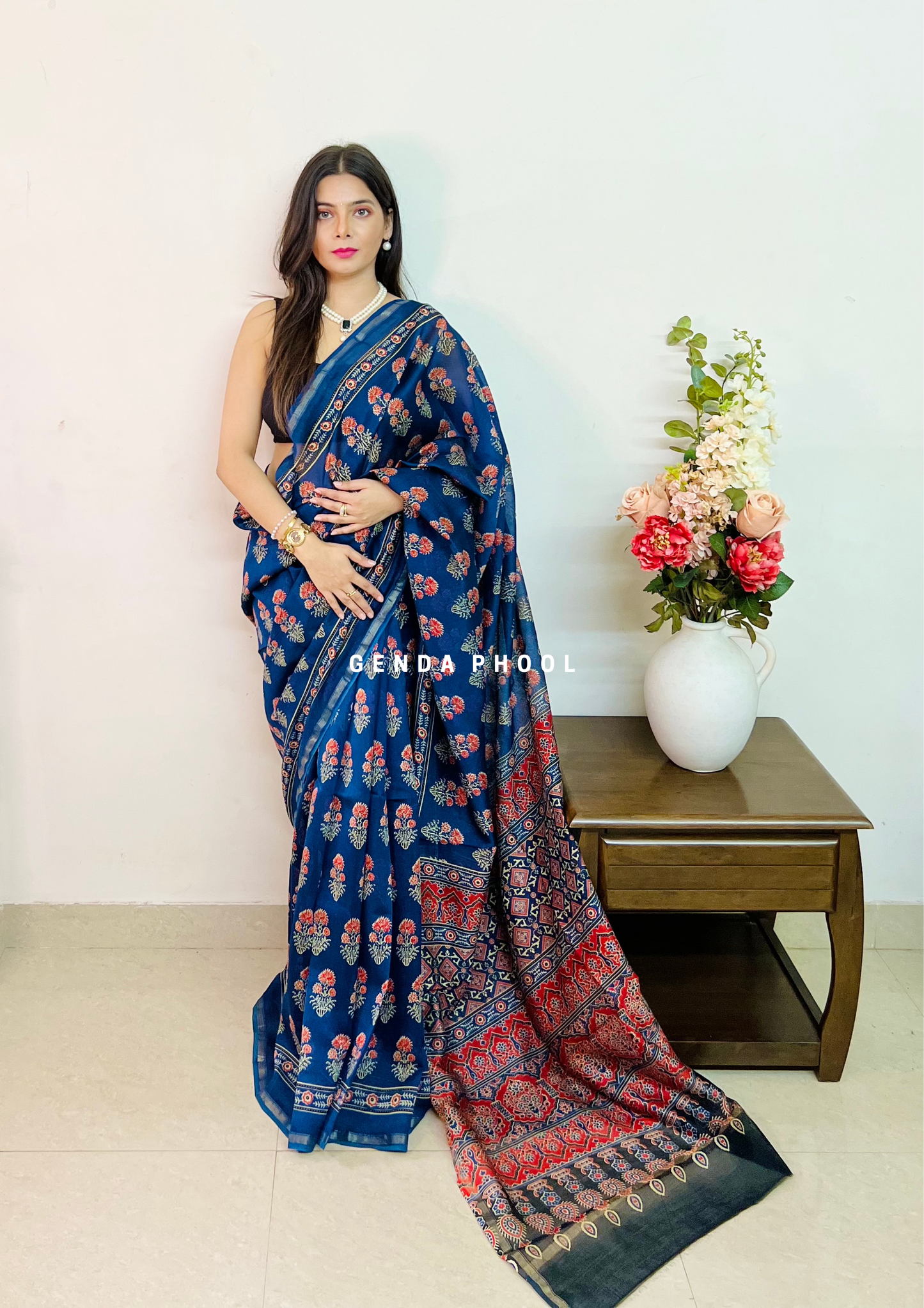 Handloom Handblock Printed Chanderi Silk Cotton Saree with Zari Border