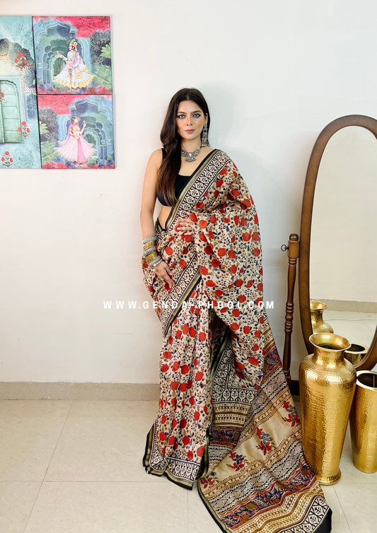 Handloom Kalamkari Handblock Printed Chanderi Silk Cotton Saree with Zari Border