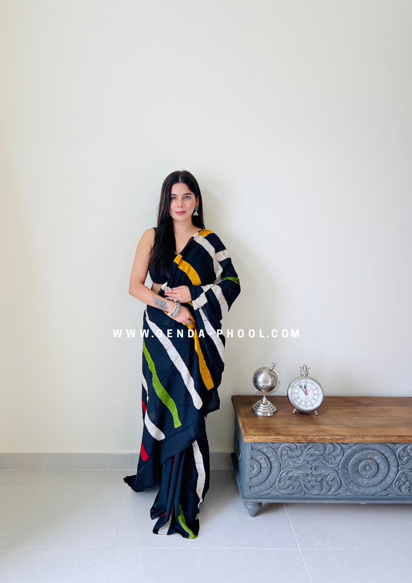 Black Vertical Stripes Print Handblock Mulmul Saree