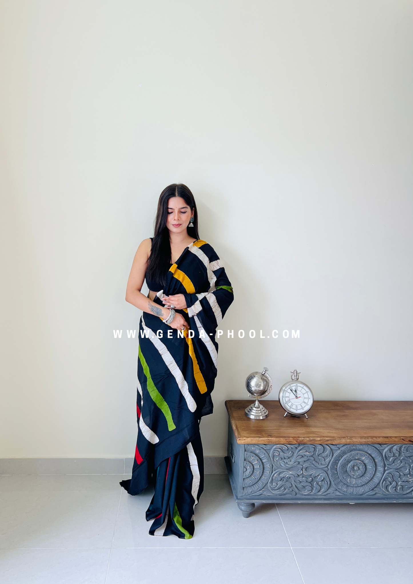 Black Vertical Stripes Print Handblock Mulmul Saree