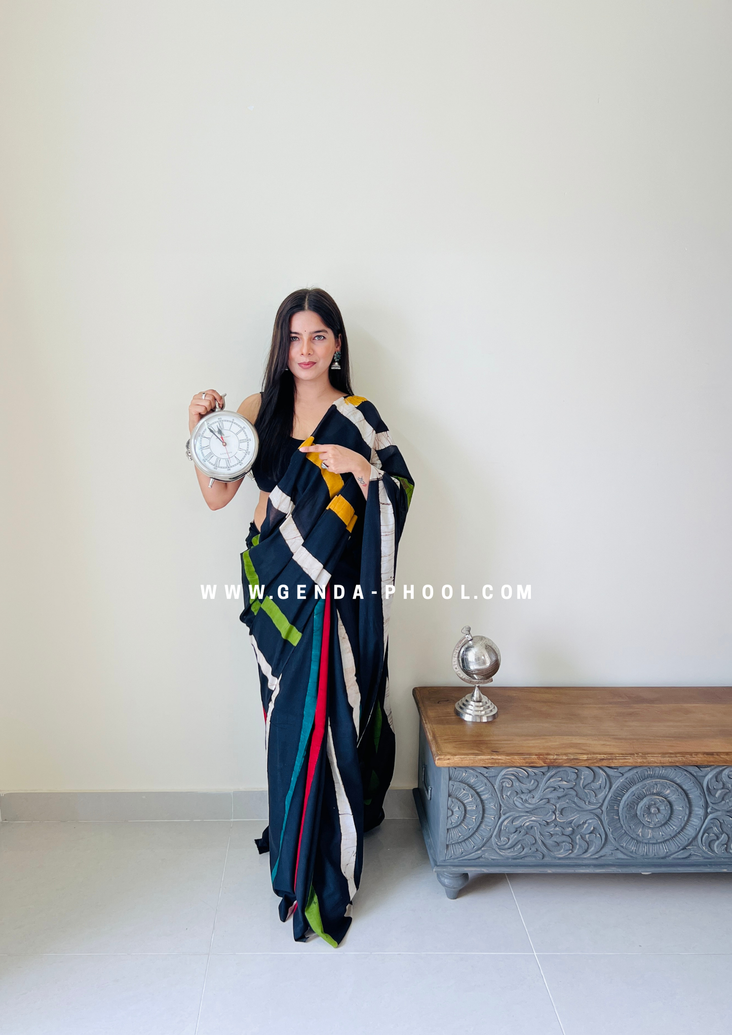 Black Vertical Stripes Print Handblock Mulmul Saree