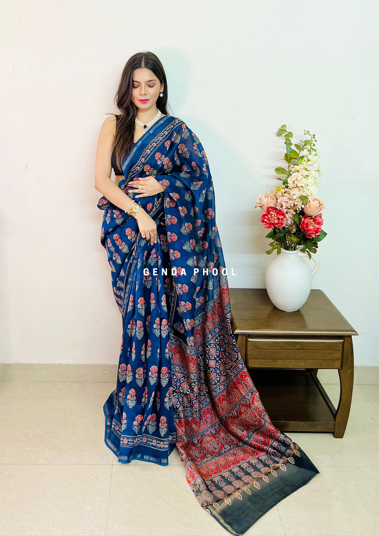 Handloom Handblock Printed Chanderi Silk Cotton Saree with Zari Border