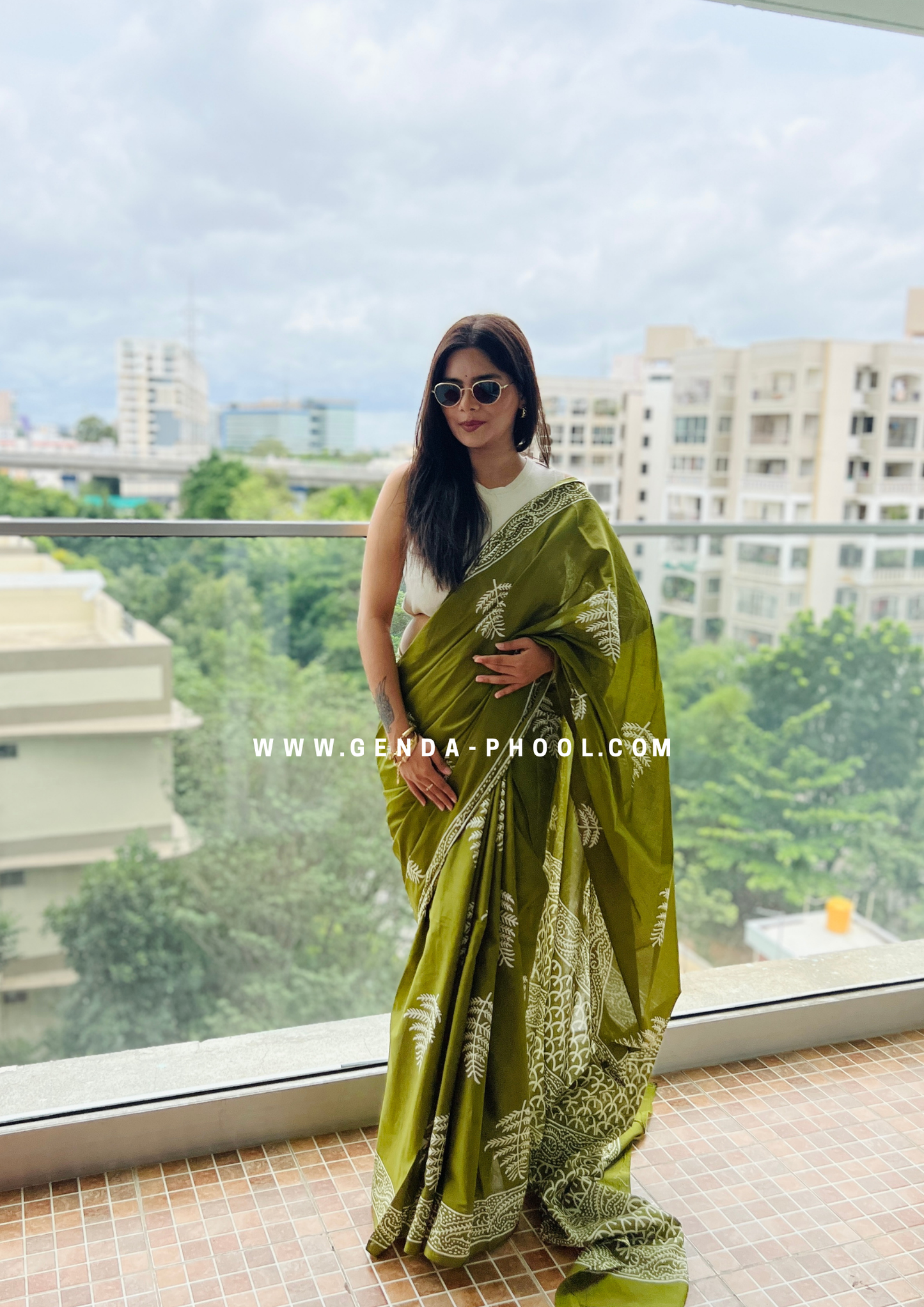 Green Leaf Print Handblock Mulmul Saree