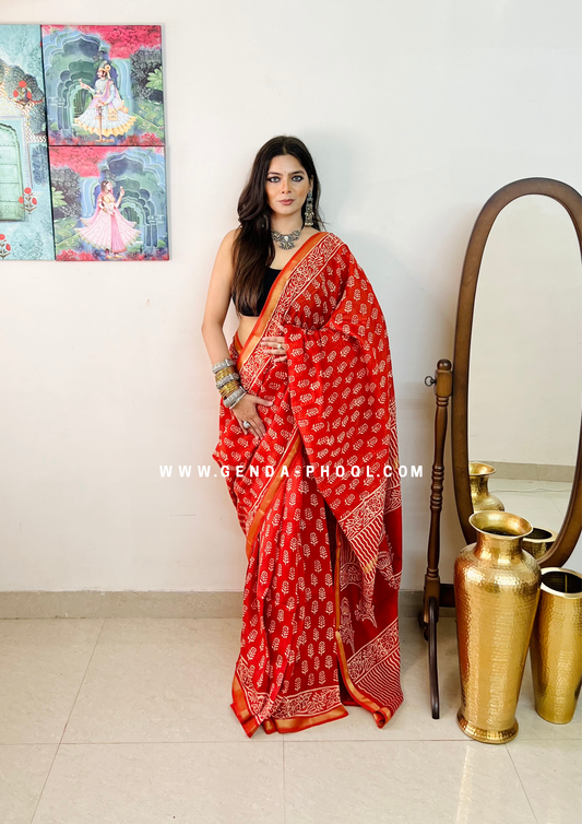 Handloom Dabu Handblock Printed Chanderi Silk Cotton Saree with Zari Border