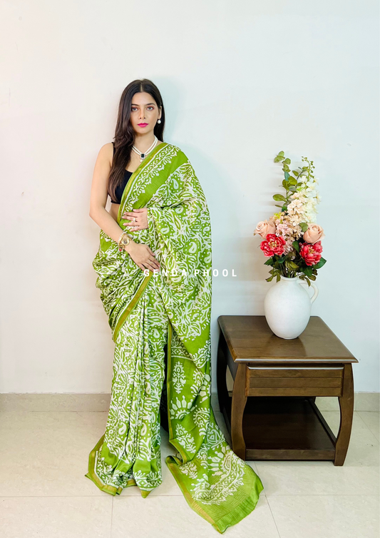 Handloom Handblock Printed Chanderi Silk Cotton Saree with Zari Border