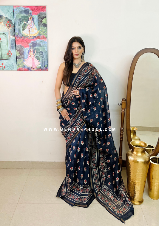 Handloom Dabu Handblock Printed Chanderi Silk Cotton Saree with Zari Border