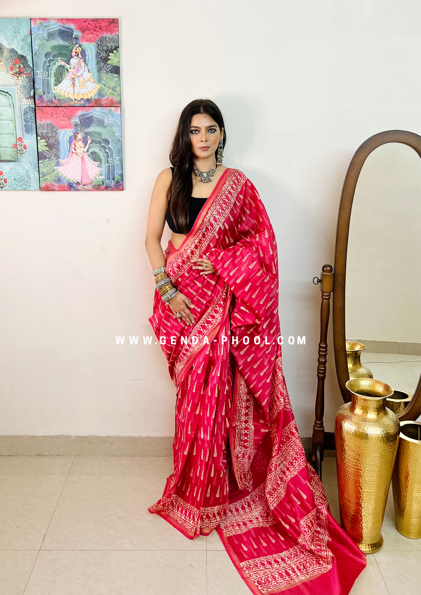 Handloom Dabu Handblock Printed Chanderi Silk Cotton Saree with Zari Border