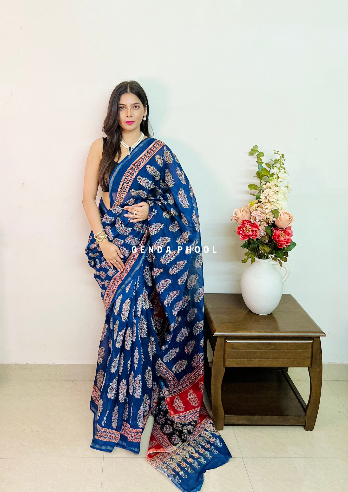 Handloom Handblock Printed Chanderi Silk Cotton Saree with Zari Border