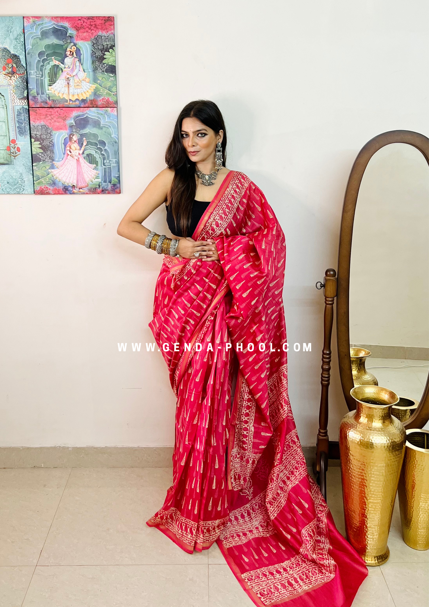 Handloom Dabu Handblock Printed Chanderi Silk Cotton Saree with Zari Border