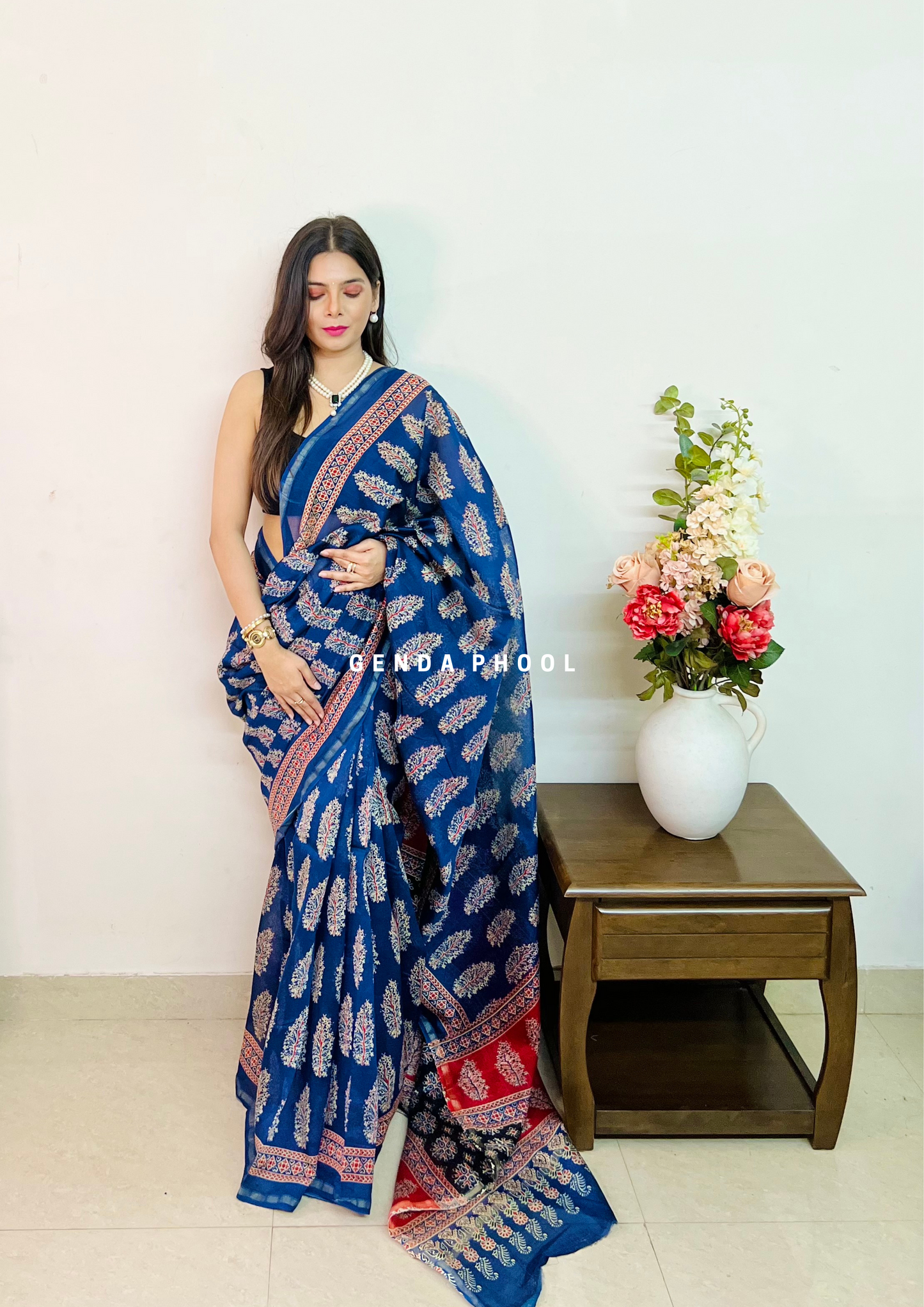 Handloom Handblock Printed Chanderi Silk Cotton Saree with Zari Border