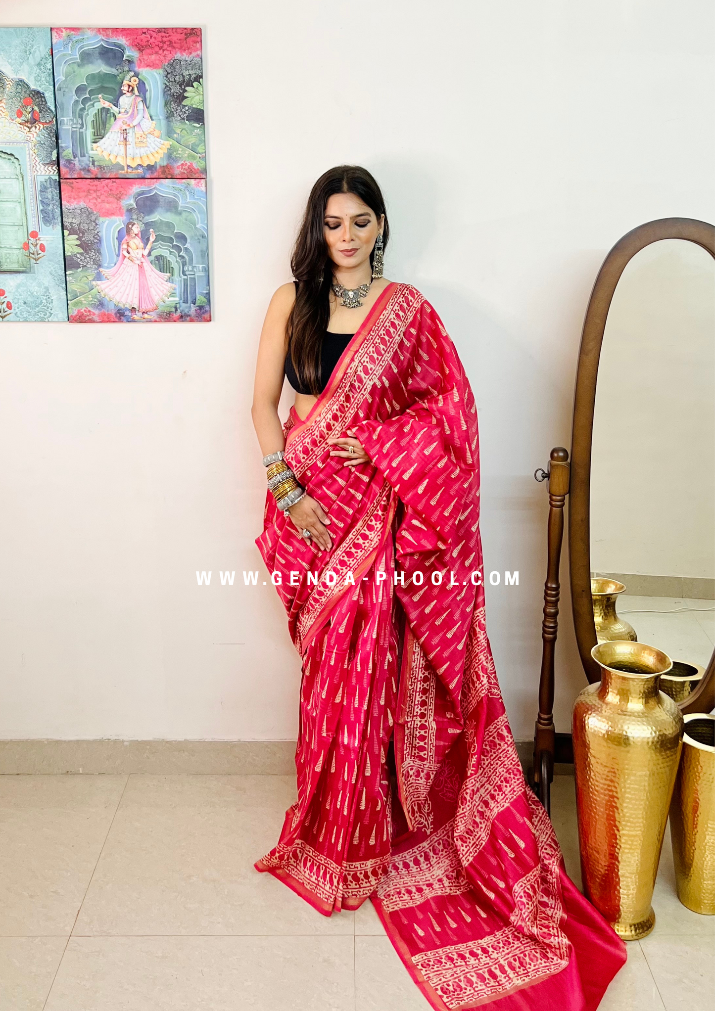 Handloom Dabu Handblock Printed Chanderi Silk Cotton Saree with Zari Border