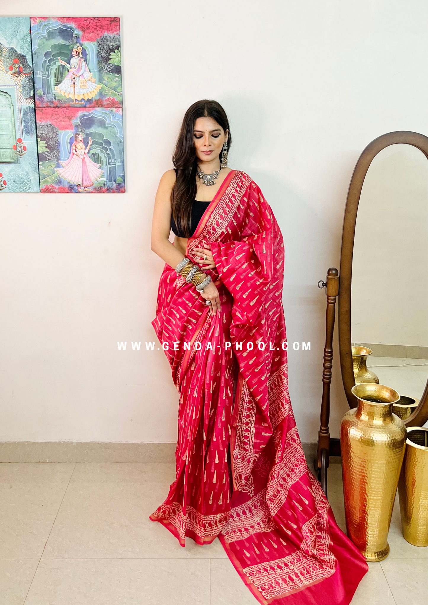 Handloom Dabu Handblock Printed Chanderi Silk Cotton Saree with Zari Border