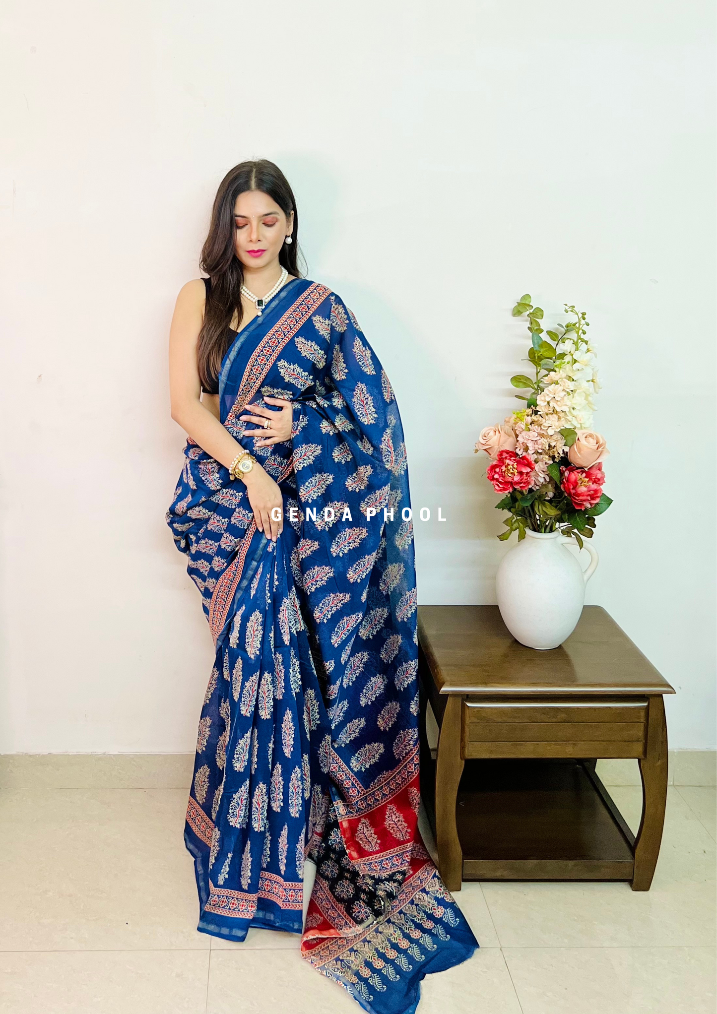 Handloom Handblock Printed Chanderi Silk Cotton Saree with Zari Border