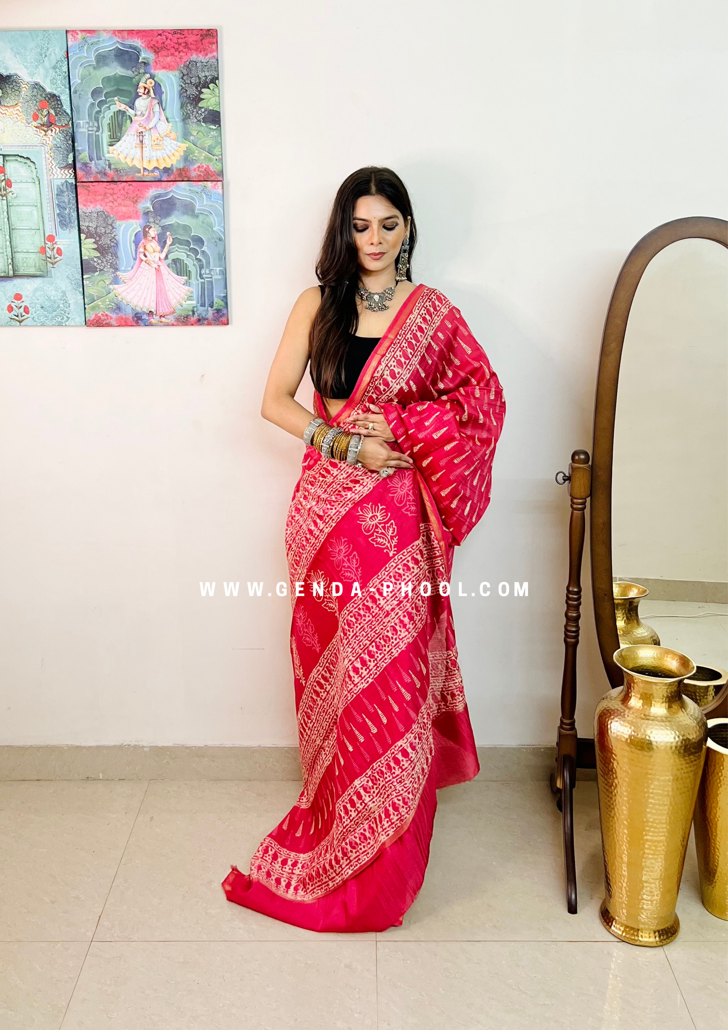 Handloom Dabu Handblock Printed Chanderi Silk Cotton Saree with Zari Border