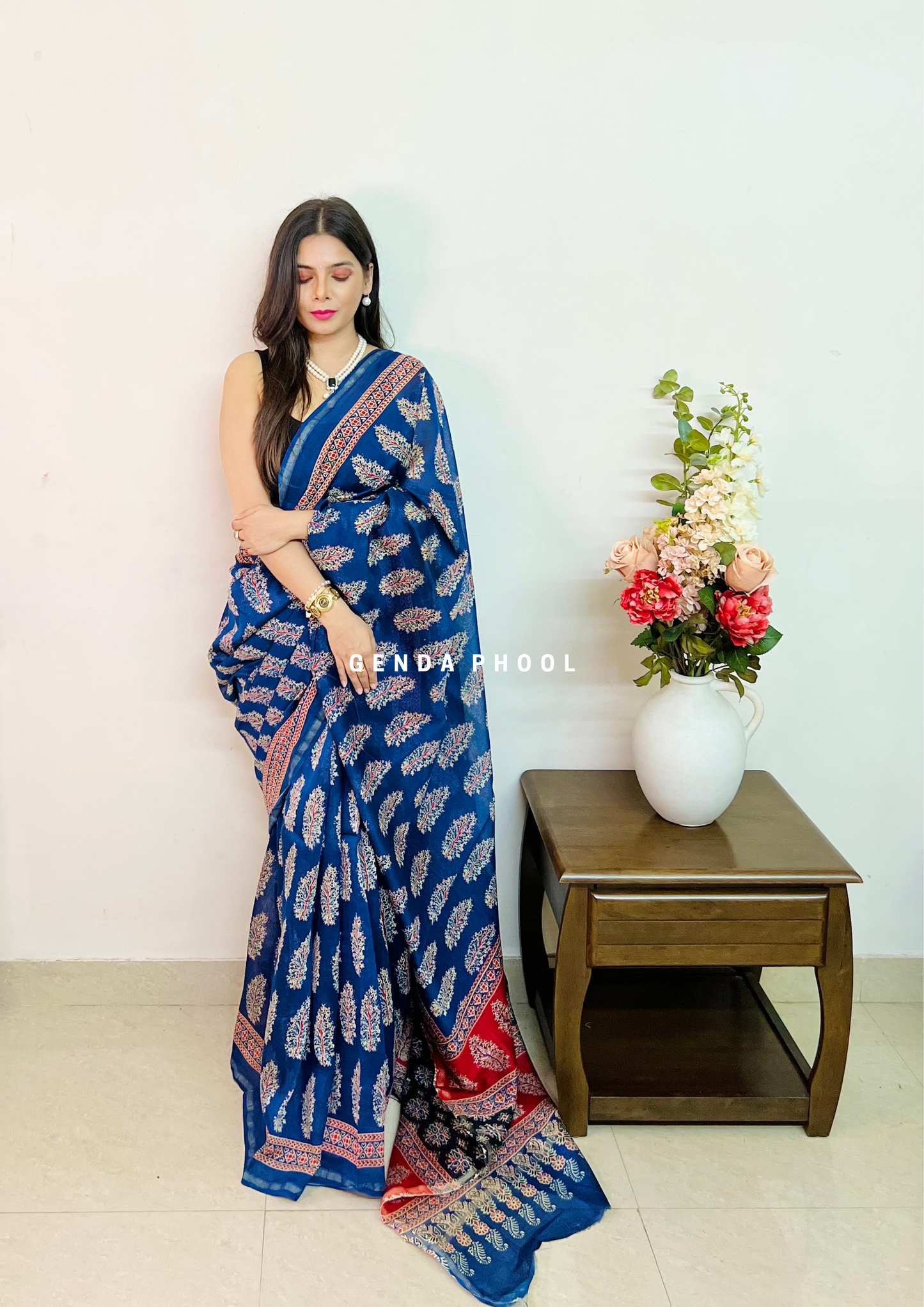 Handloom Handblock Printed Chanderi Silk Cotton Saree with Zari Border