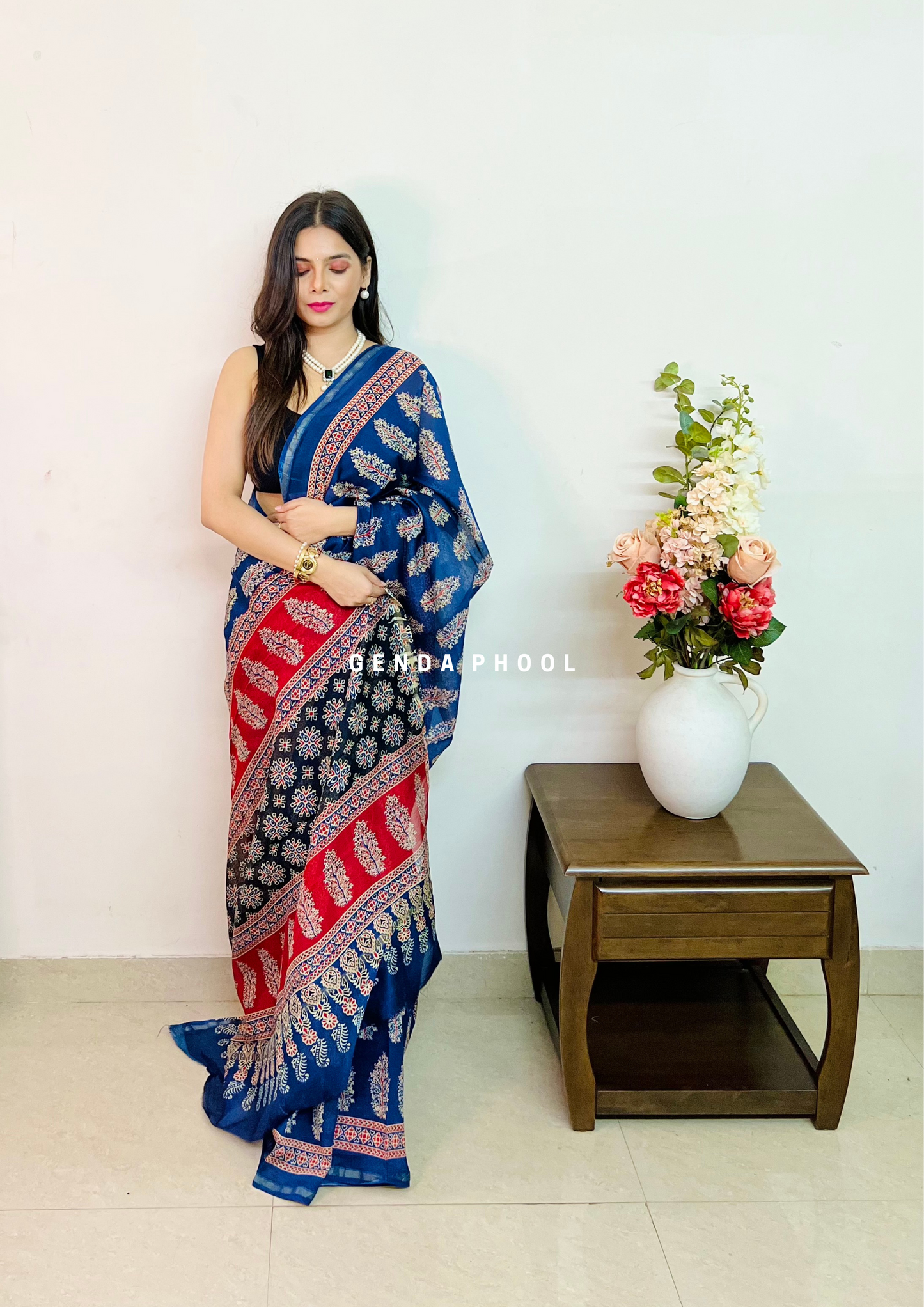 Handloom Handblock Printed Chanderi Silk Cotton Saree with Zari Border