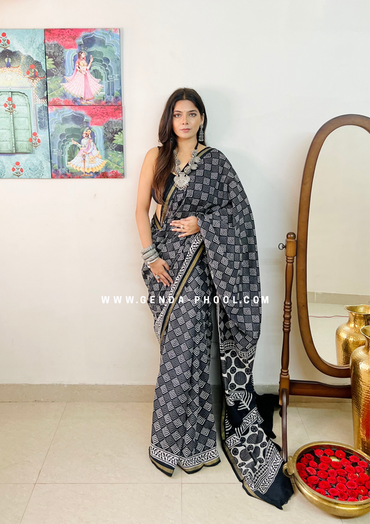 Dabu Hand-Block Chanderi Cotton Silk Saree with Zari Border