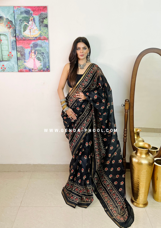 Handloom Dabu Handblock Printed Chanderi Silk Cotton Saree with Zari Border