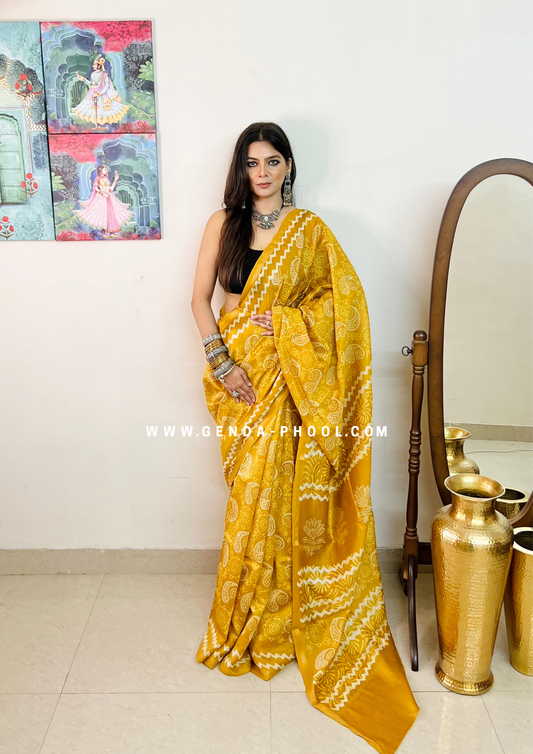 Handloom Dabu Handblock Printed Chanderi Silk Cotton Saree with Zari Border