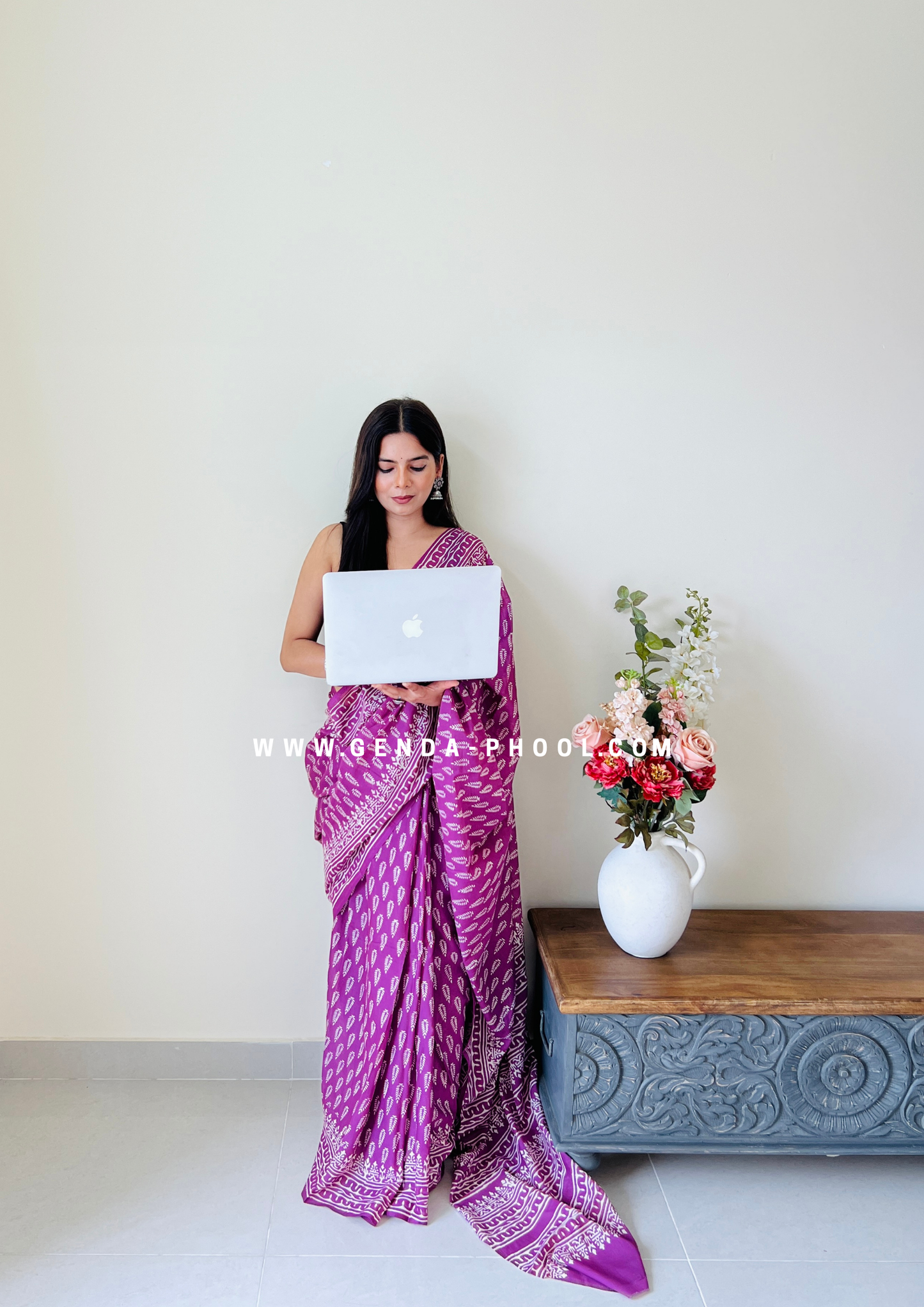 Purple Small Leaf Print Handblock Mulmul Saree