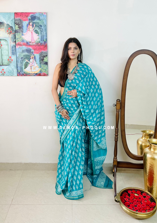 Dabu Hand-Block Chanderi Cotton Silk Saree with Zari Border