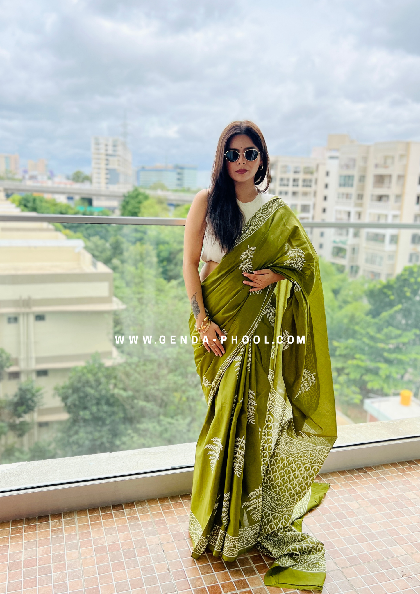 Green Leaf Print Handblock Mulmul Saree