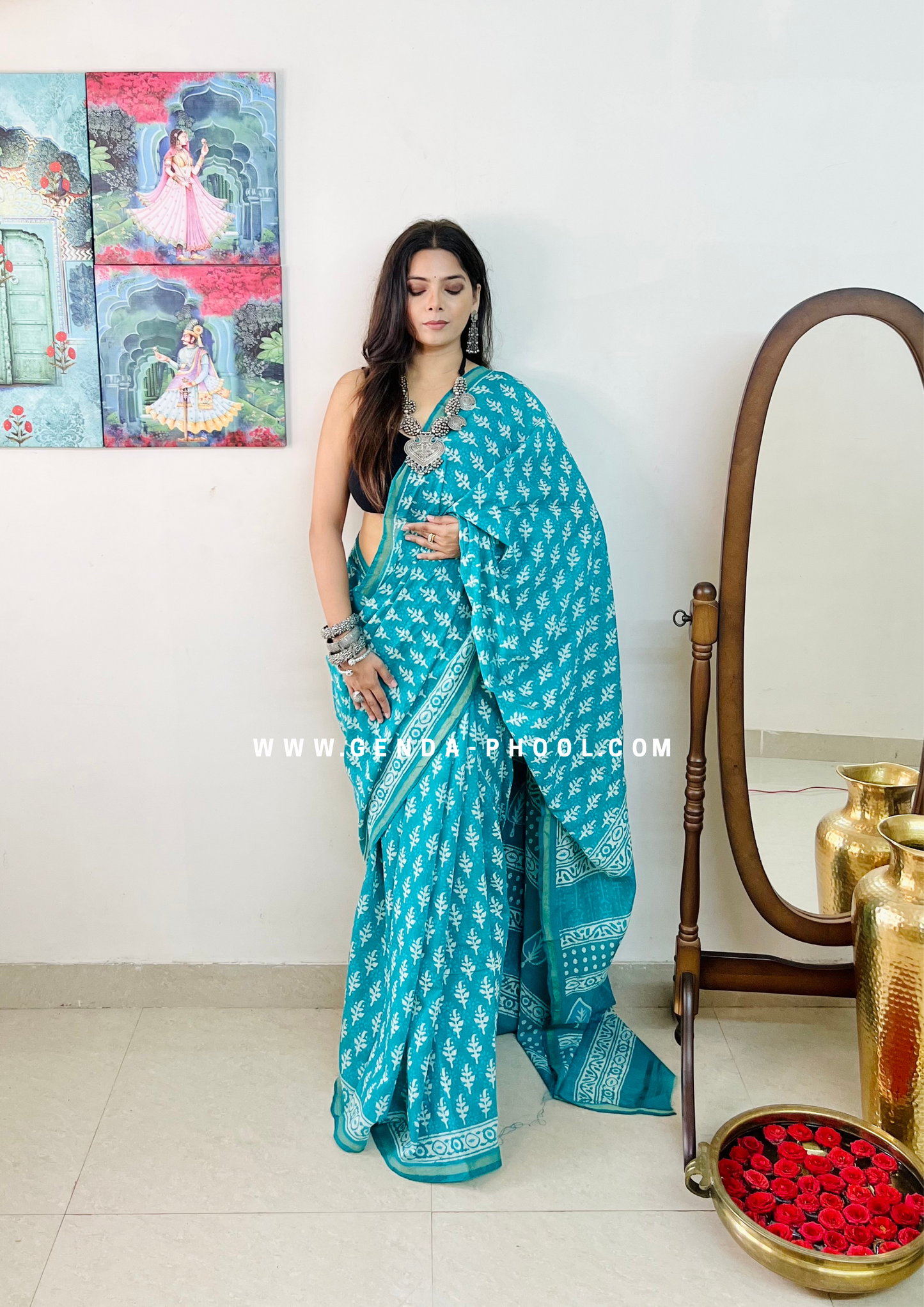 Dabu Hand-Block Chanderi Cotton Silk Saree with Zari Border