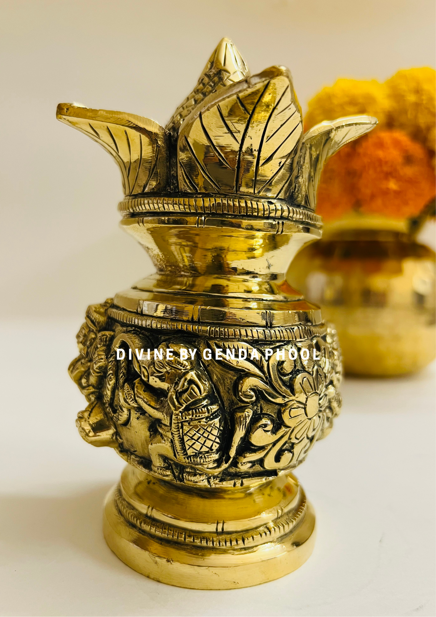 Handcrafted Antique Brass Ganesha and Goddess Lakshmi Engraved Kalash
